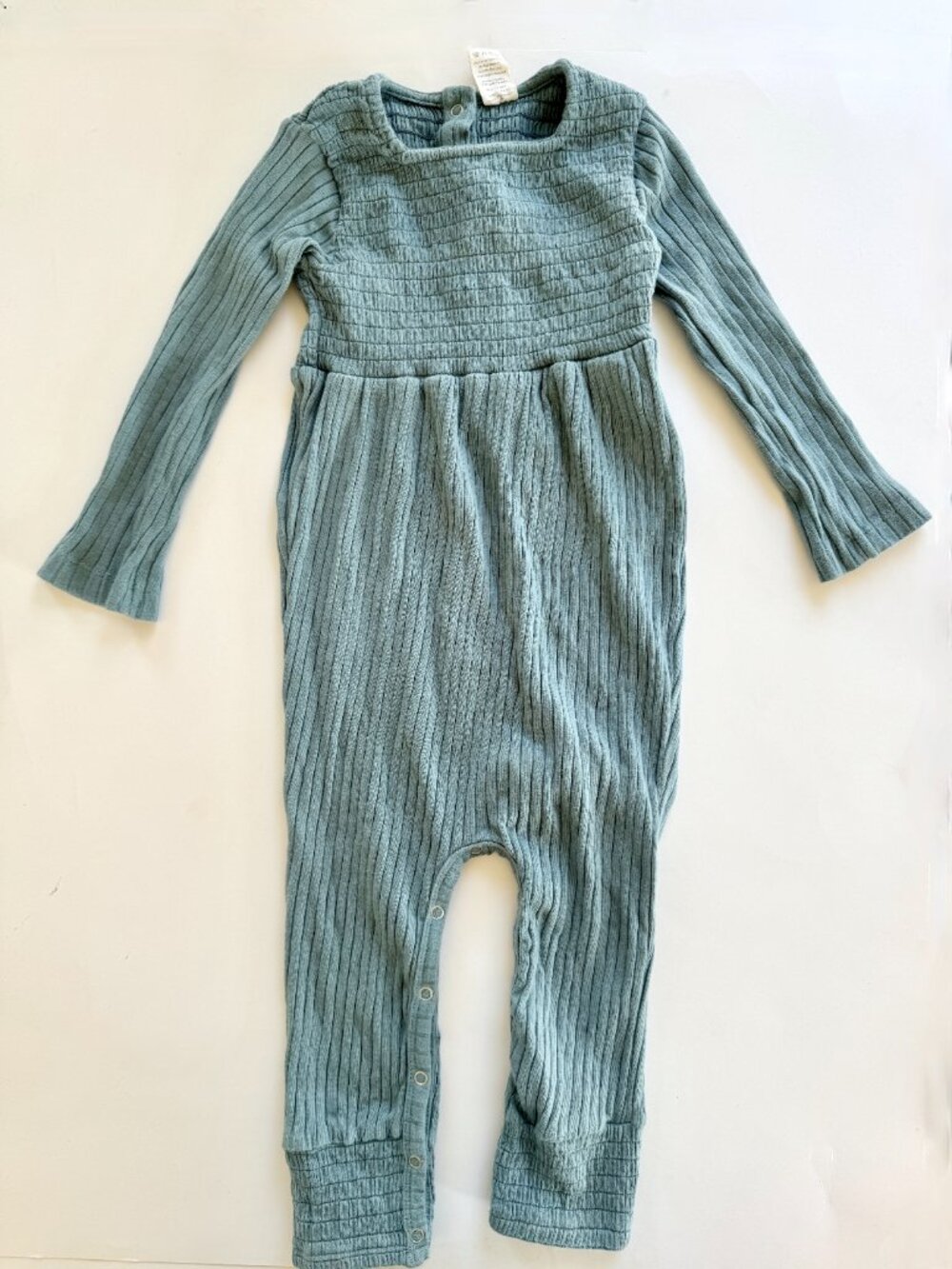 Kate Quinn Organic Rib Smocked Long Sleeve Jumpsuit Romper Dusty Teal 18-24M